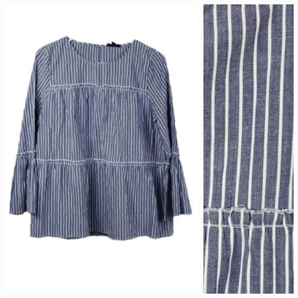 Mittoshop Chambray Blue Stripe Tiered Keyhole Blouse Summer Casual Top Nautical - Picture 1 of 8